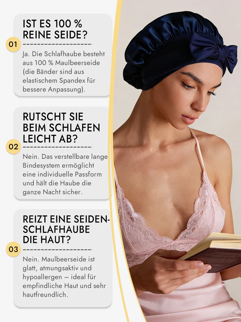 100% Maulbeerseide Schlafhaube mit Schleifenband zum Haarschutz