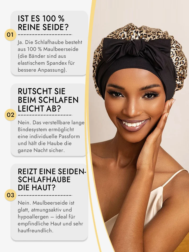 100% Maulbeerseide Schlafhaube mit Schleifenband zum Haarschutz
