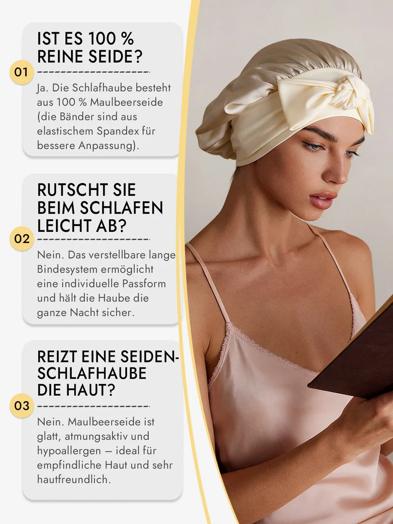 100% Maulbeerseide Schlafhaube mit Schleifenband zum Haarschutz
