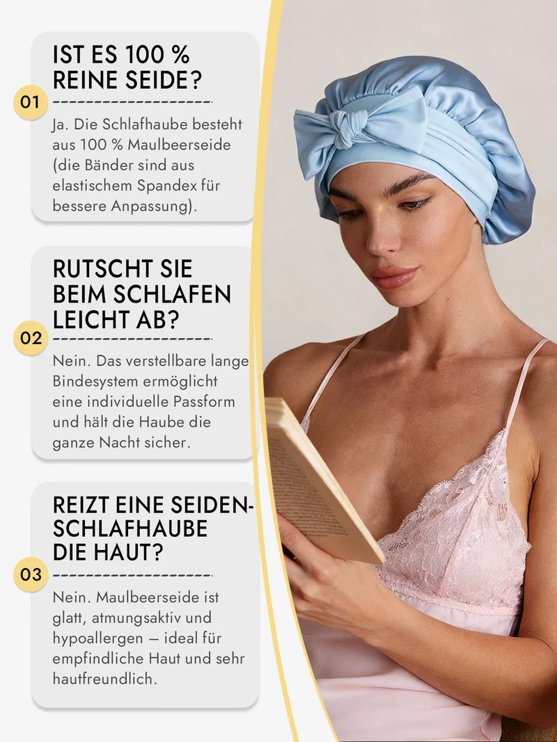 100% Maulbeerseide Schlafhaube mit Schleifenband zum Haarschutz