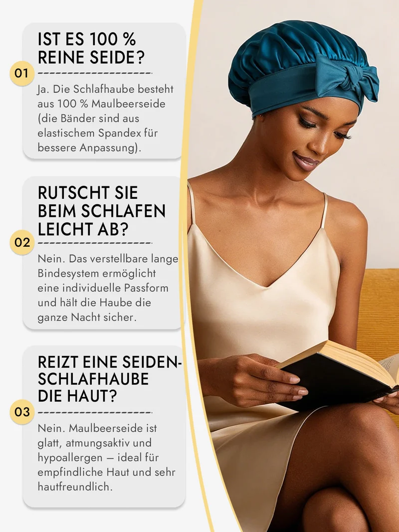 100% Maulbeerseide Schlafhaube mit Schleifenband zum Haarschutz