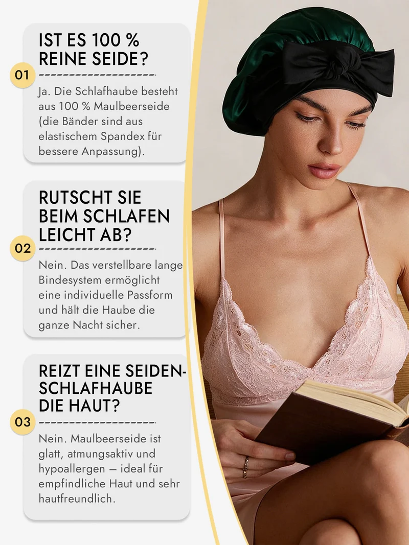 100% Maulbeerseide Schlafhaube mit Schleifenband zum Haarschutz