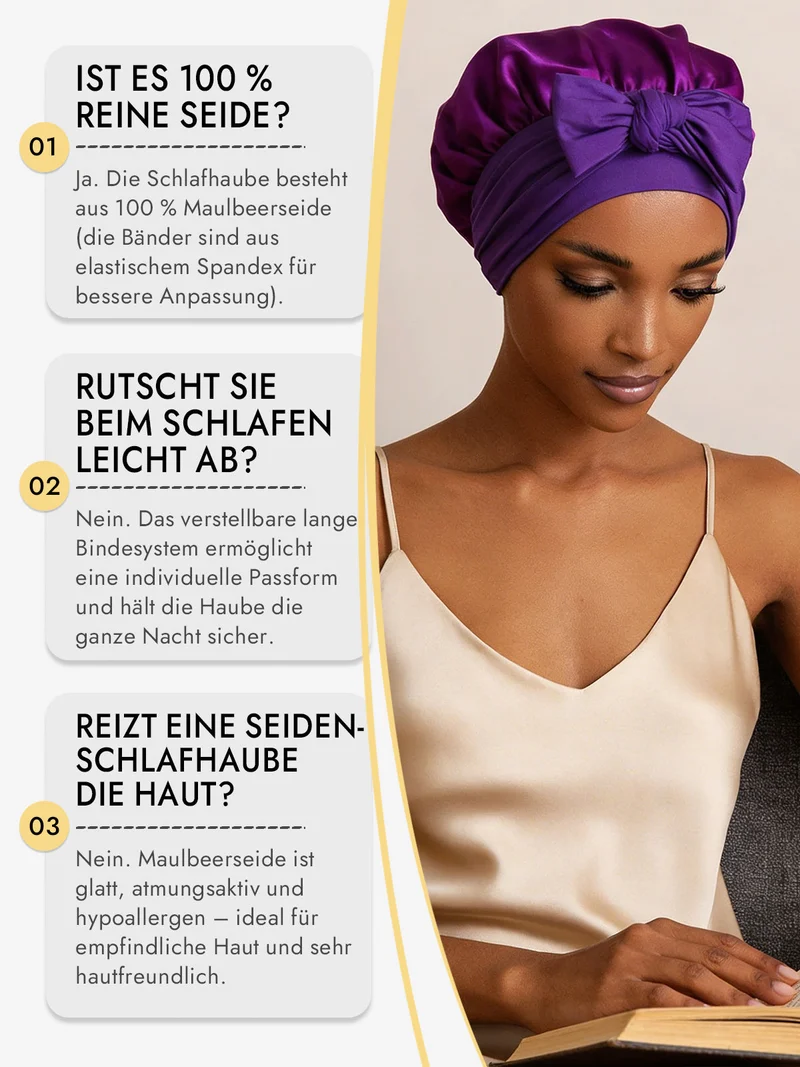 100% Maulbeerseide Schlafhaube mit Schleifenband zum Haarschutz