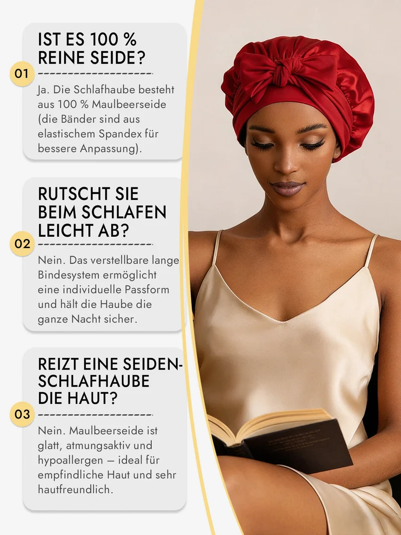 100% Maulbeerseide Schlafhaube mit Schleifenband zum Haarschutz
