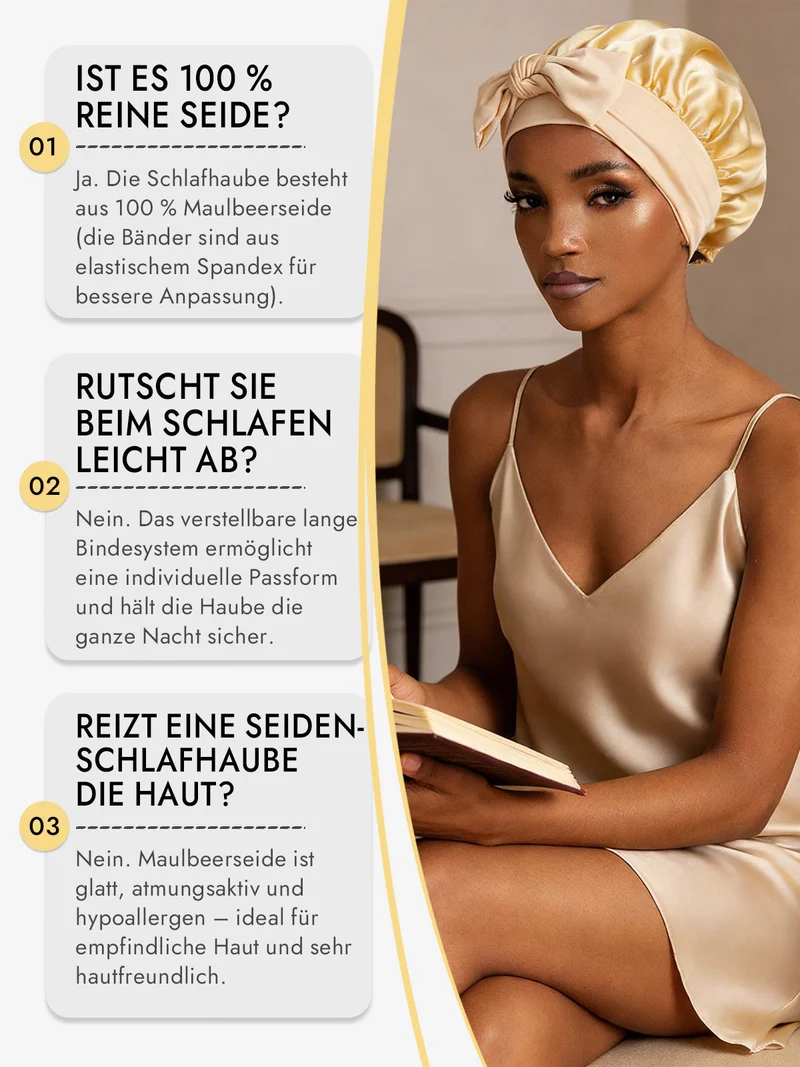 100% Maulbeerseide Schlafhaube mit Schleifenband zum Haarschutz