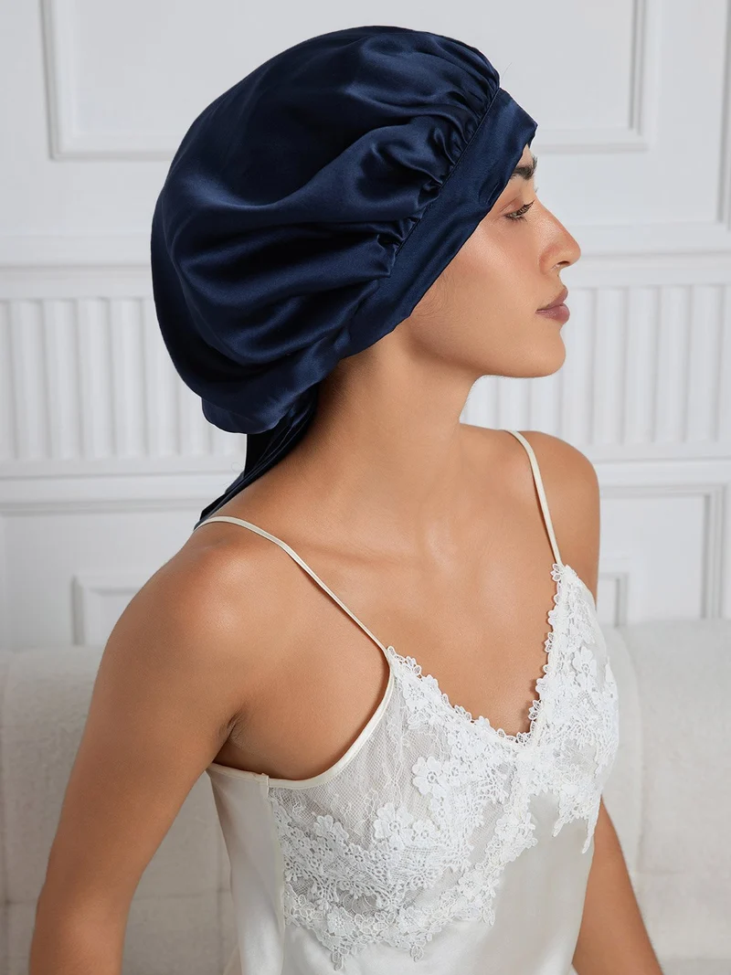 100% Maulbeerseide elegante Schlafhaube mit langen Bändern