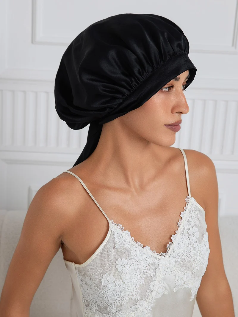 100% Maulbeerseide elegante Schlafhaube mit langen Bändern