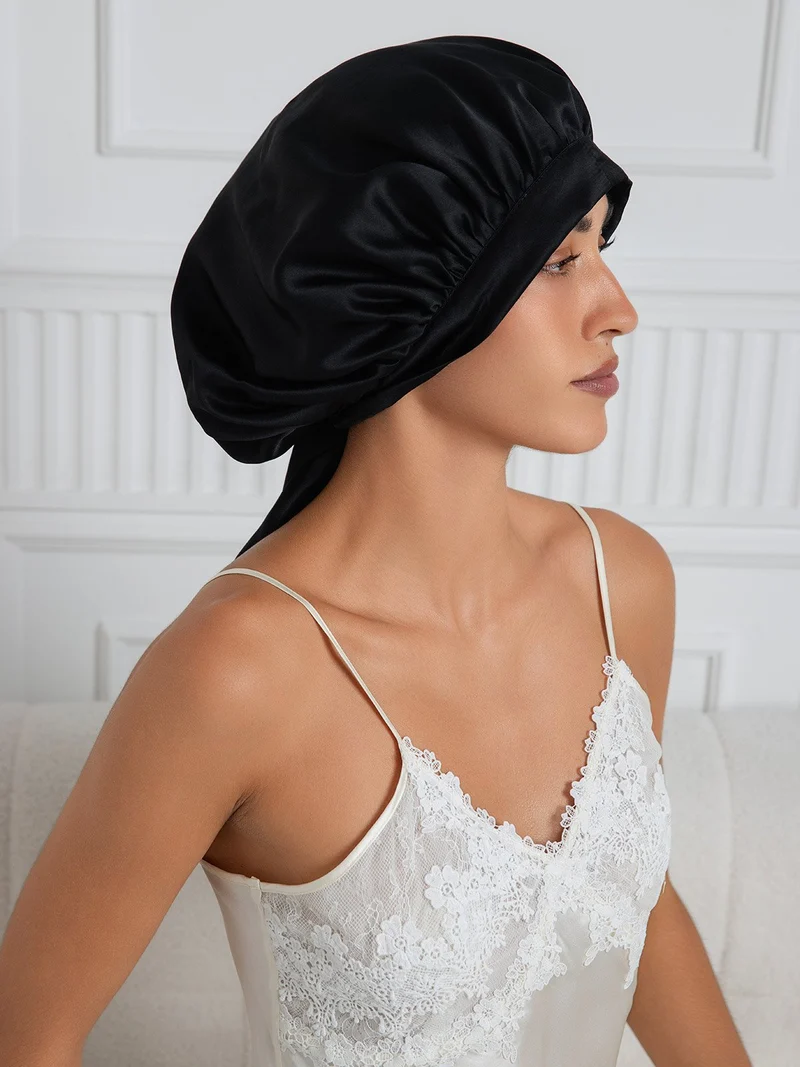 100% Maulbeerseide elegante Schlafhaube mit langen Bändern