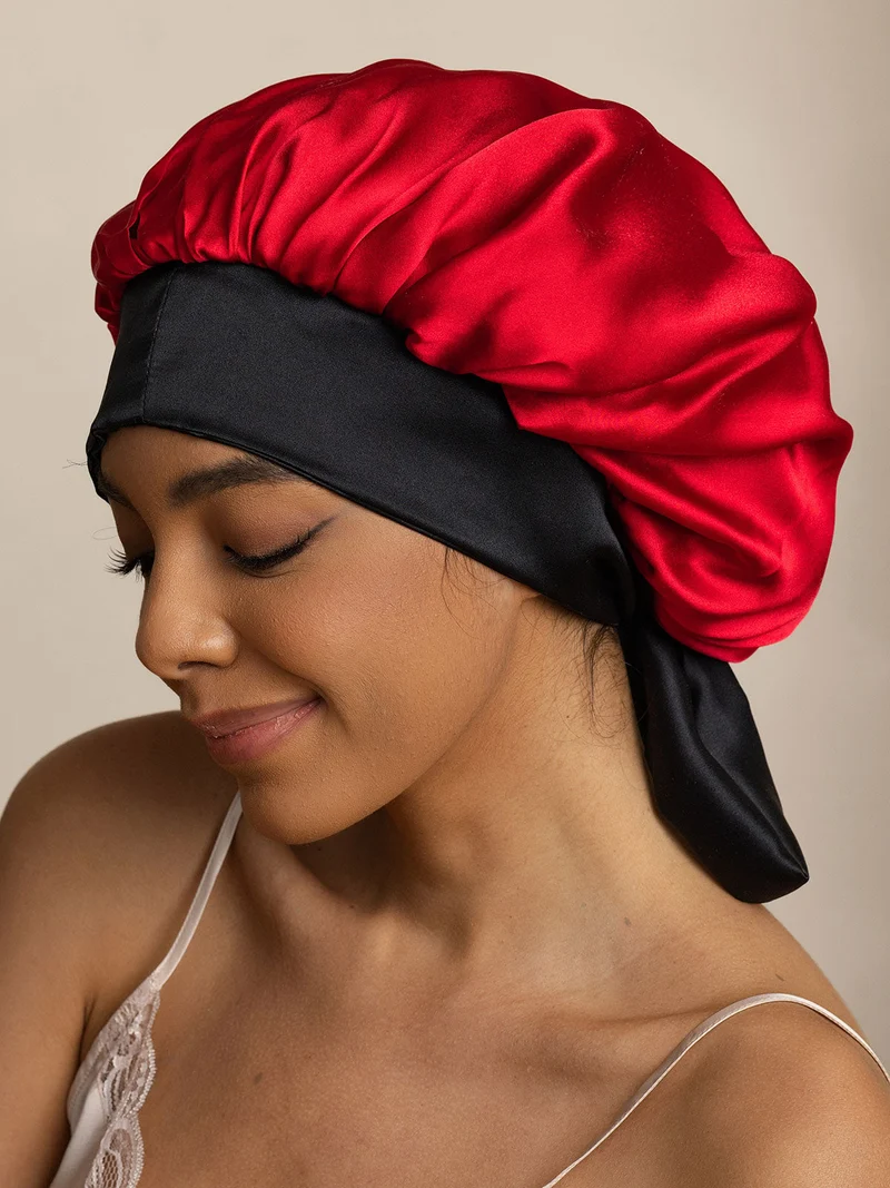 100% Maulbeerseide lässige zweifarbige wendbare Schlafhaube mit langen Bändern