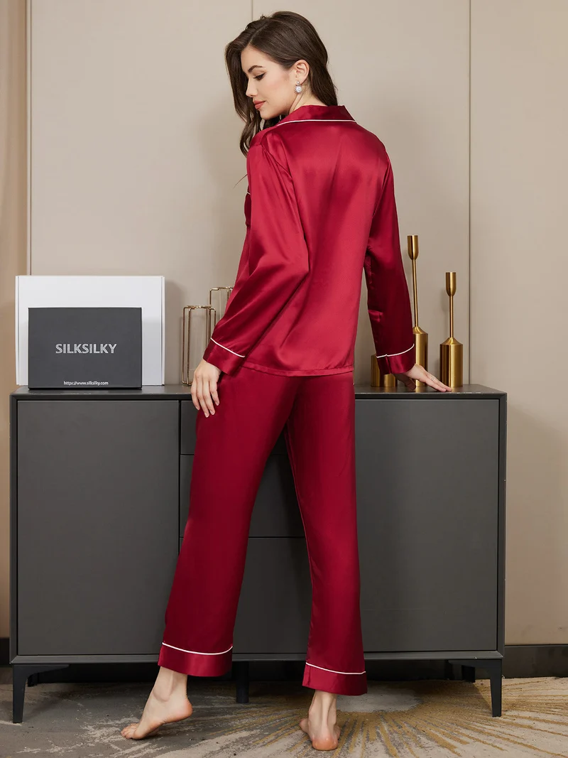100% Maulbeerseide Damen-Pyjama-Set mit langen Ärmeln und Knopfleiste