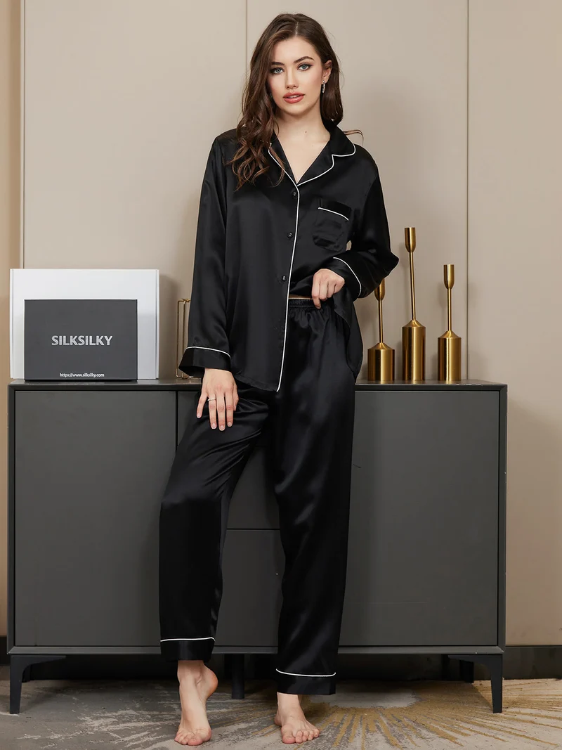 100% Maulbeerseide Damen-Pyjama-Set mit langen Ärmeln und Knopfleiste