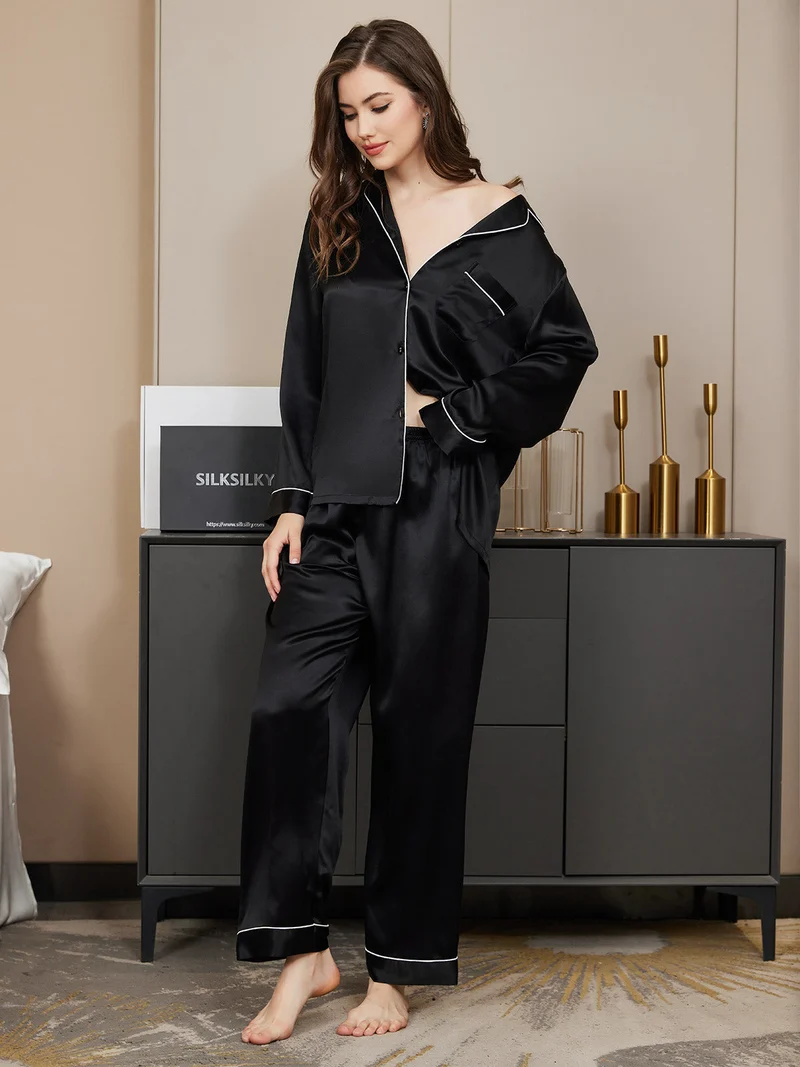 100% Maulbeerseide Damen-Pyjama-Set mit langen Ärmeln und Knopfleiste