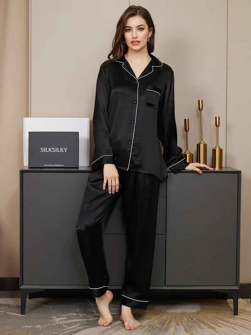 100% Maulbeerseide Damen-Pyjama-Set mit langen Ärmeln und Knopfleiste