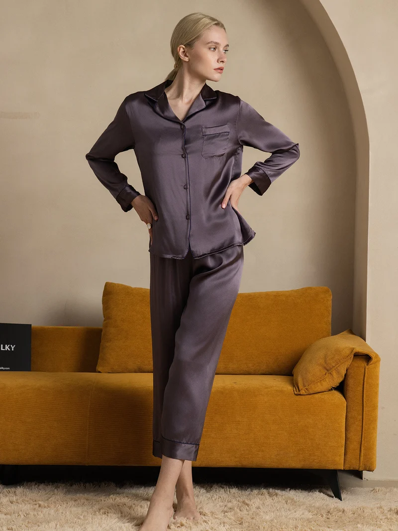100% Maulbeerseide Damen-Pyjama-Set mit langen Ärmeln und Knopfleiste