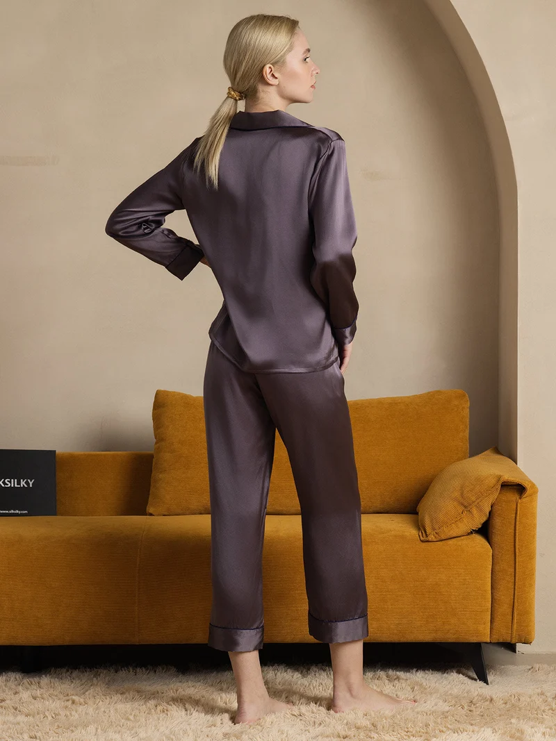 100% Maulbeerseide Damen-Pyjama-Set mit langen Ärmeln und Knopfleiste