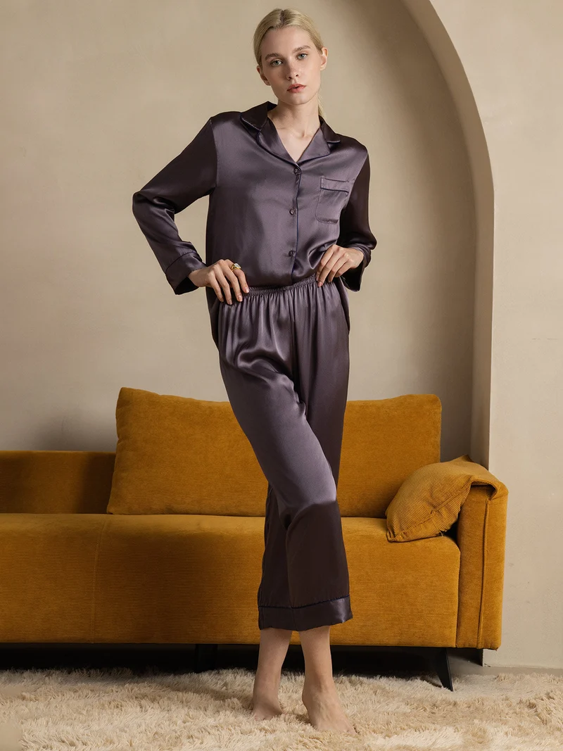 100% Maulbeerseide Damen-Pyjama-Set mit langen Ärmeln und Knopfleiste