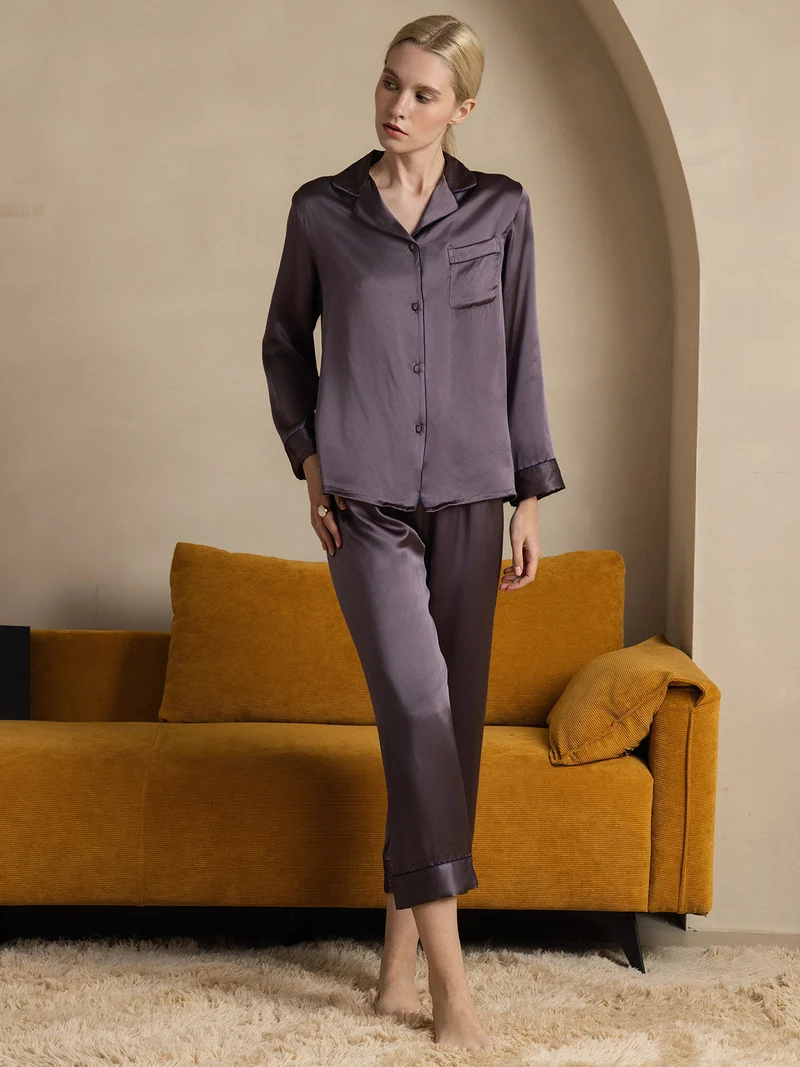 100% Maulbeerseide Damen-Pyjama-Set mit langen Ärmeln und Knopfleiste