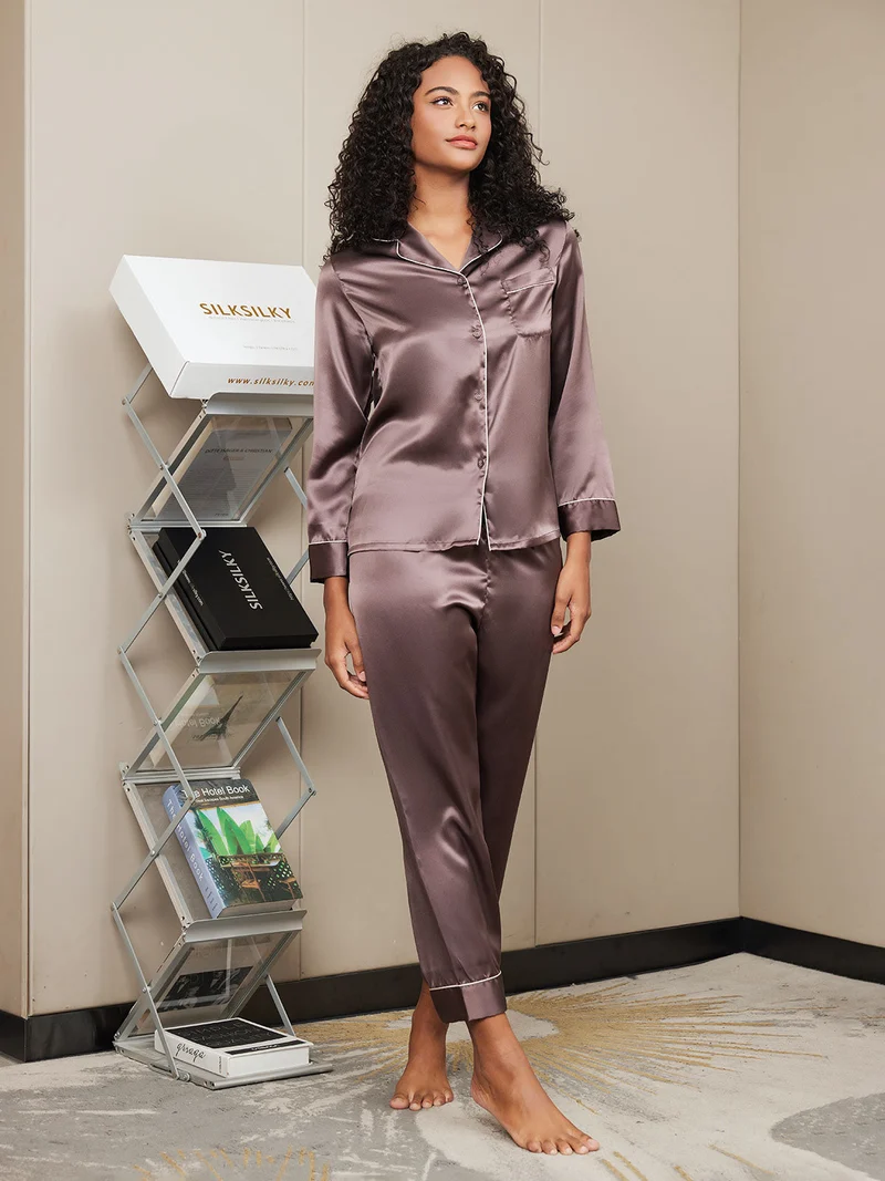 100% Maulbeerseide Damen-Pyjama-Set mit langen Ärmeln und Knopfleiste