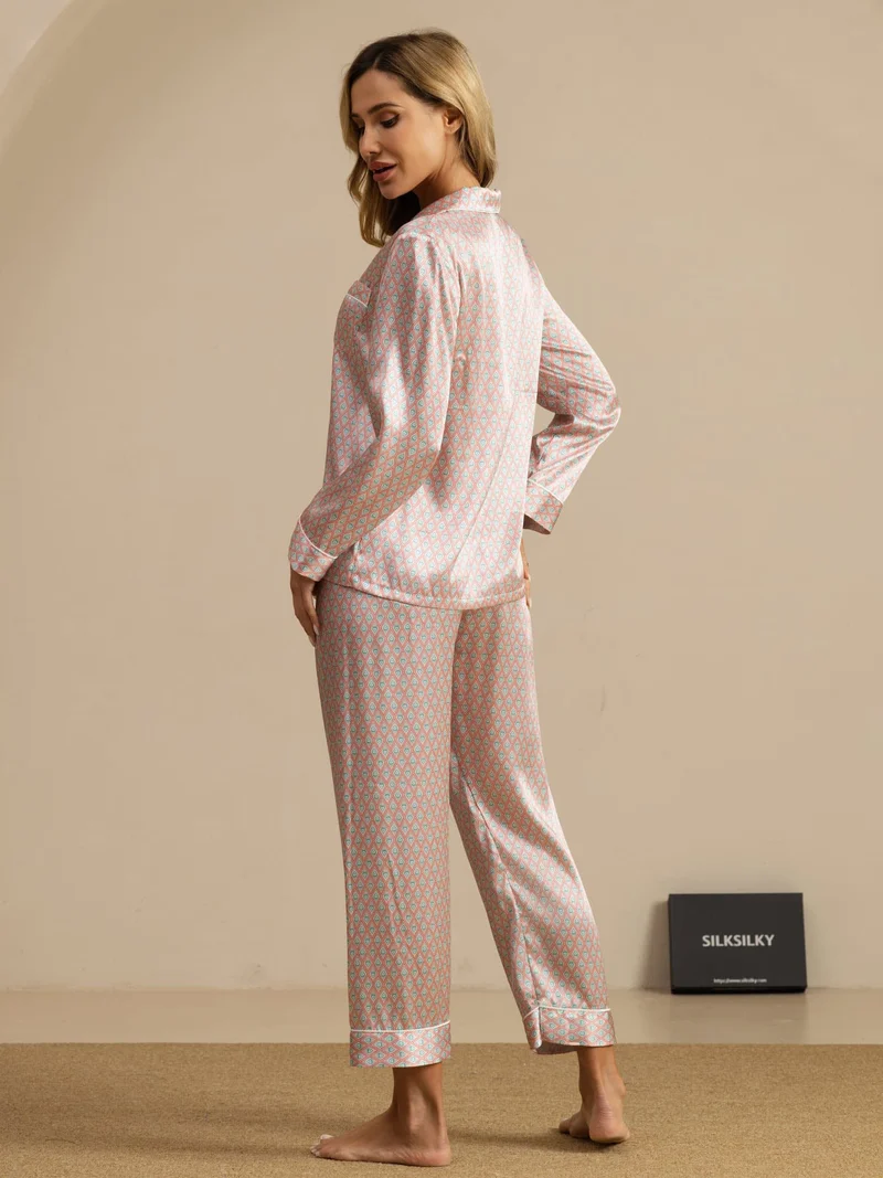 100% Maulbeerseide Damen-Langarm-Pyjama-Set mit geometrischem Muster und Hose
