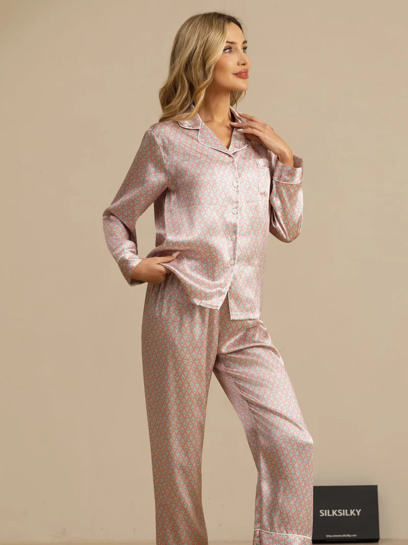 100% Maulbeerseide Damen-Langarm-Pyjama-Set mit geometrischem Muster und Hose