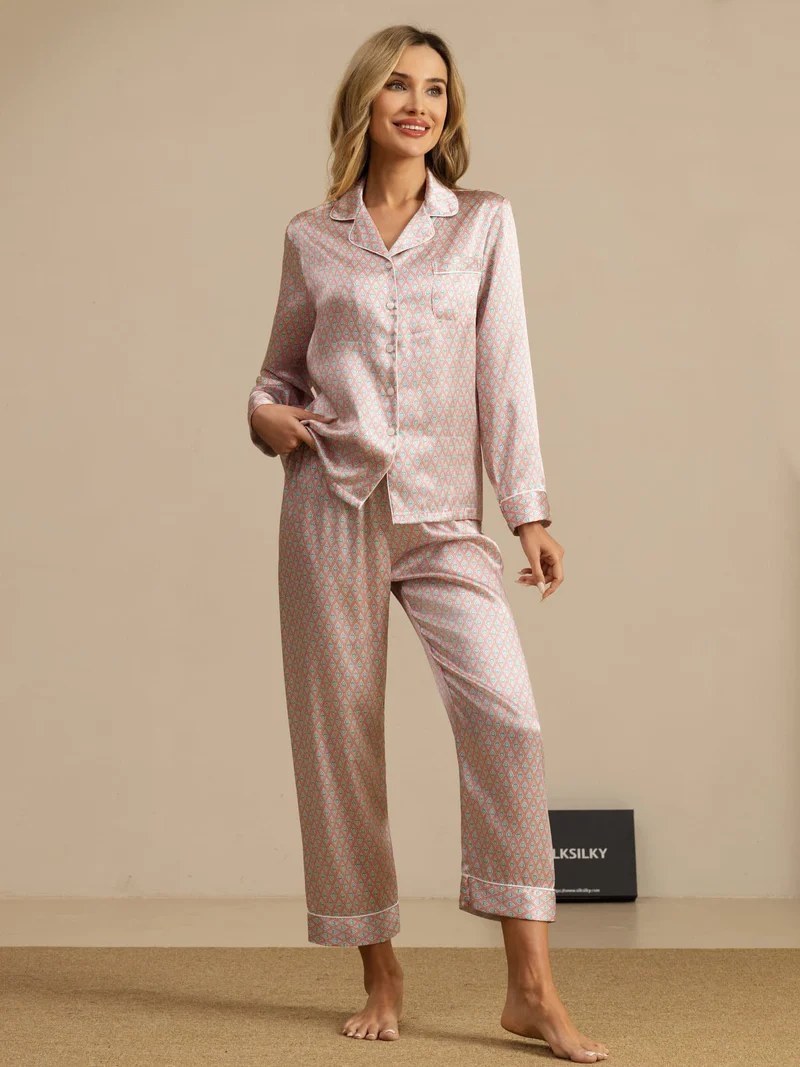 100% Maulbeerseide Damen-Langarm-Pyjama-Set mit geometrischem Muster und Hose