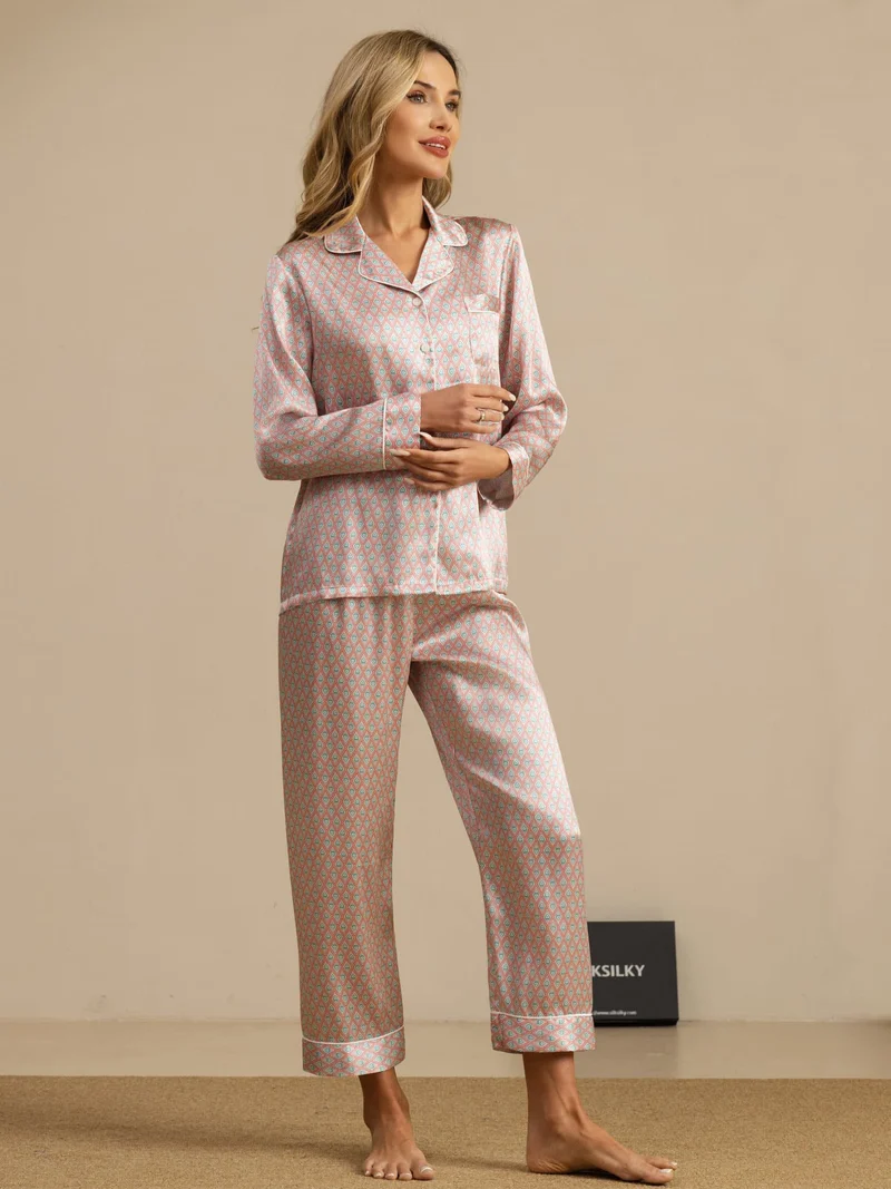 100% Maulbeerseide Damen-Langarm-Pyjama-Set mit geometrischem Muster und Hose