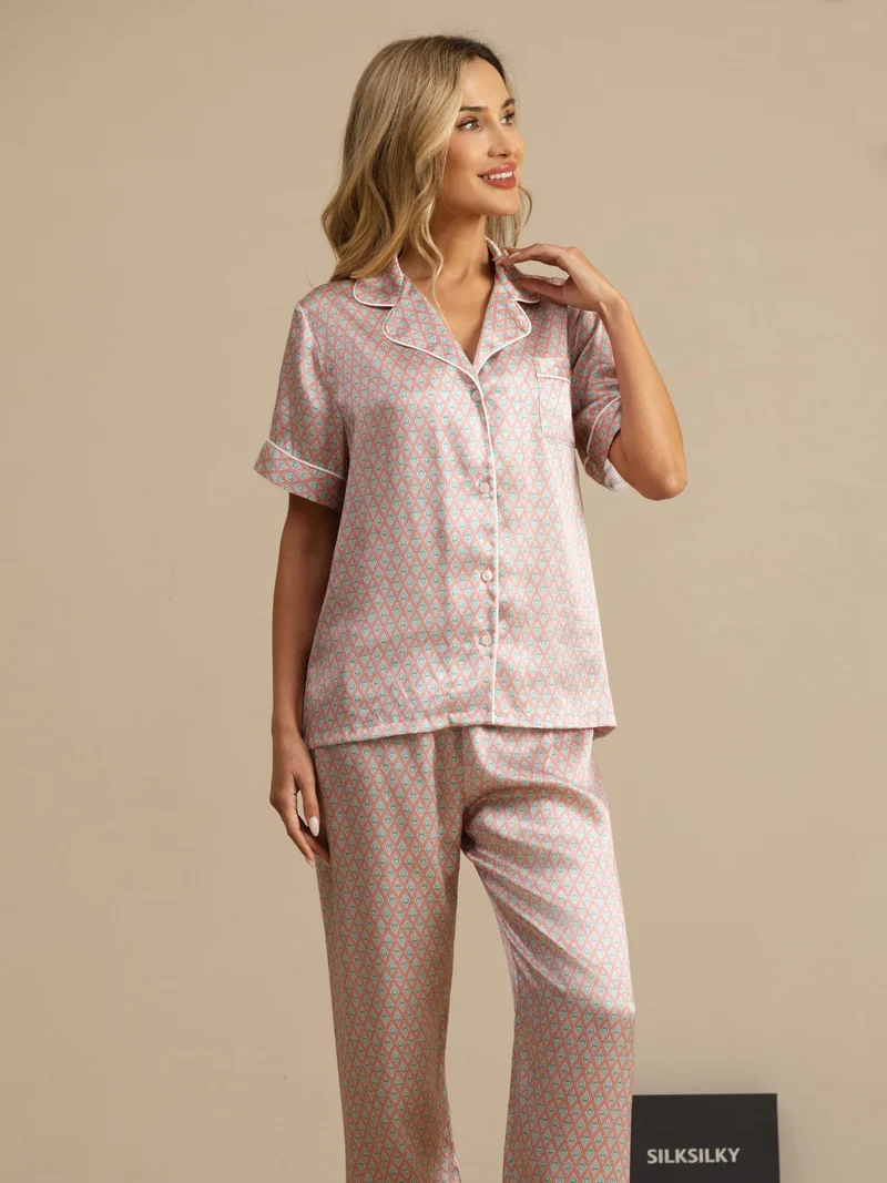 100% Maulbeerseide Damen-Kurzarm-Pyjama-Set mit geometrischem Muster sowie Reverskragen und Hose