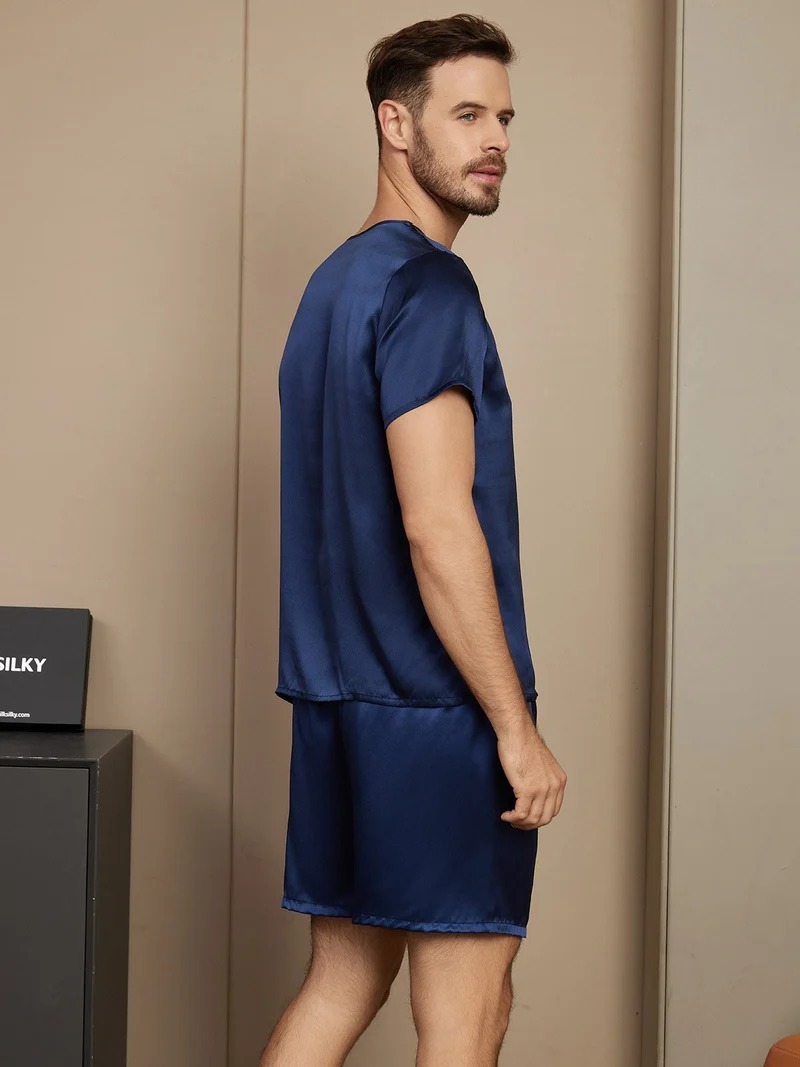 Reine Seide Herren-Kurzarm-Pyjama-Set mit Rundhalsausschnitt und Shorts
