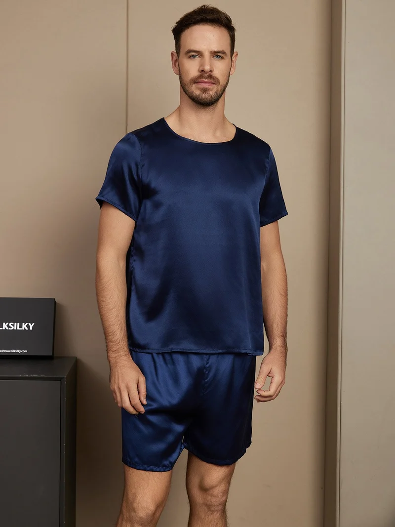 Reine Seide Herren-Kurzarm-Pyjama-Set mit Rundhalsausschnitt und Shorts