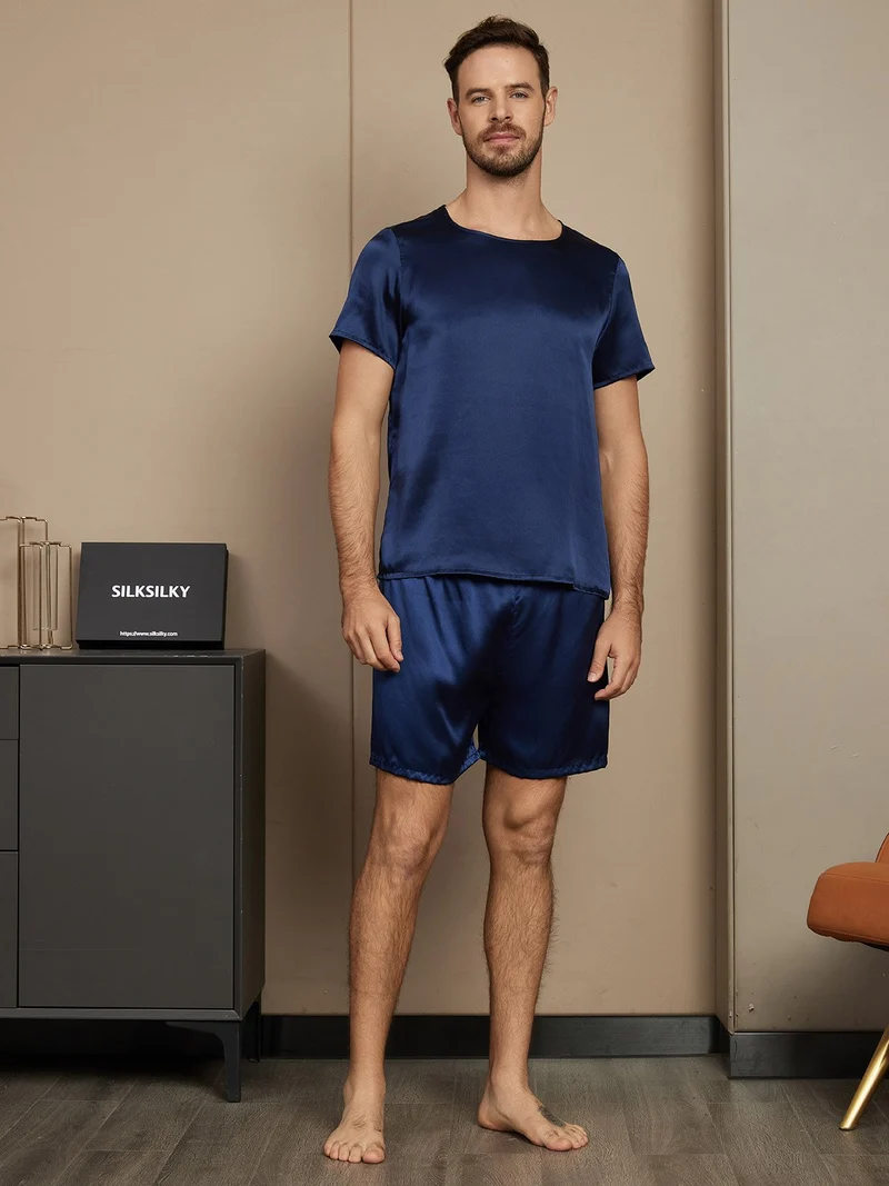Reine Seide Herren-Kurzarm-Pyjama-Set mit Rundhalsausschnitt und Shorts