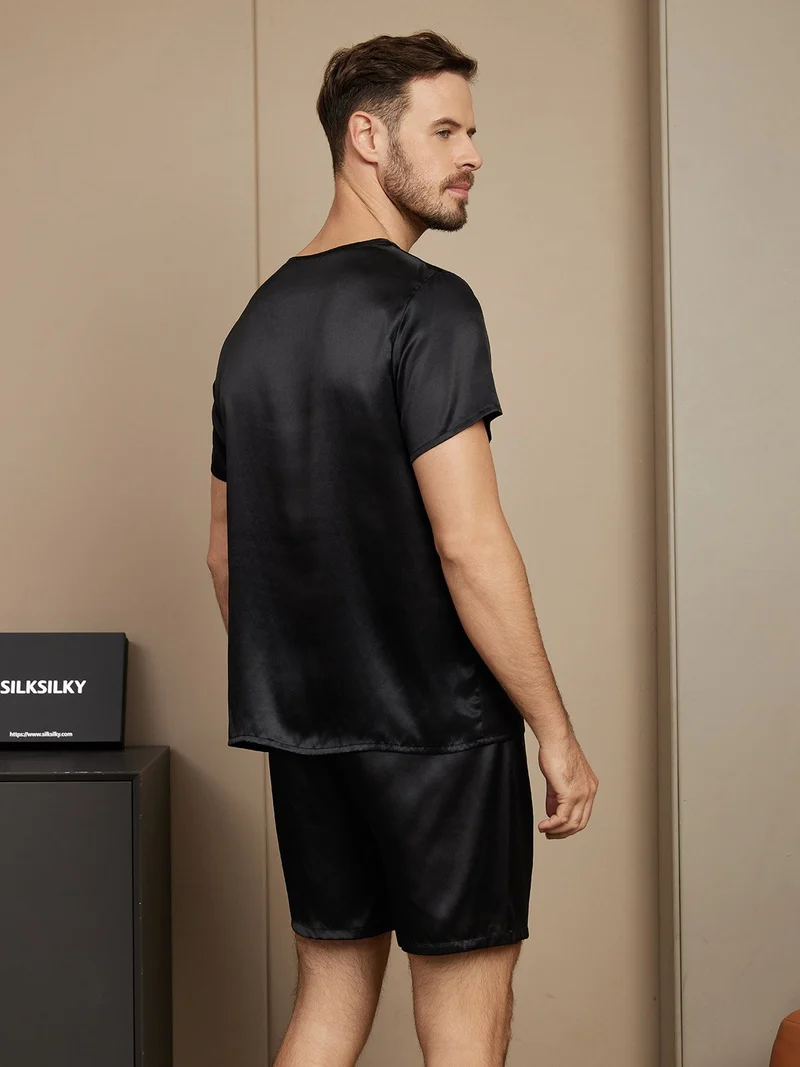 Reine Seide Herren-Kurzarm-Pyjama-Set mit Rundhalsausschnitt und Shorts