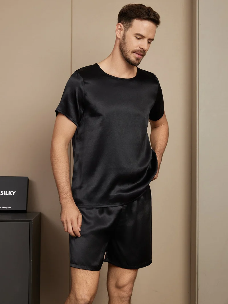 Reine Seide Herren-Kurzarm-Pyjama-Set mit Rundhalsausschnitt und Shorts