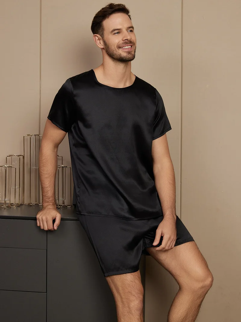 Reine Seide Herren-Kurzarm-Pyjama-Set mit Rundhalsausschnitt und Shorts
