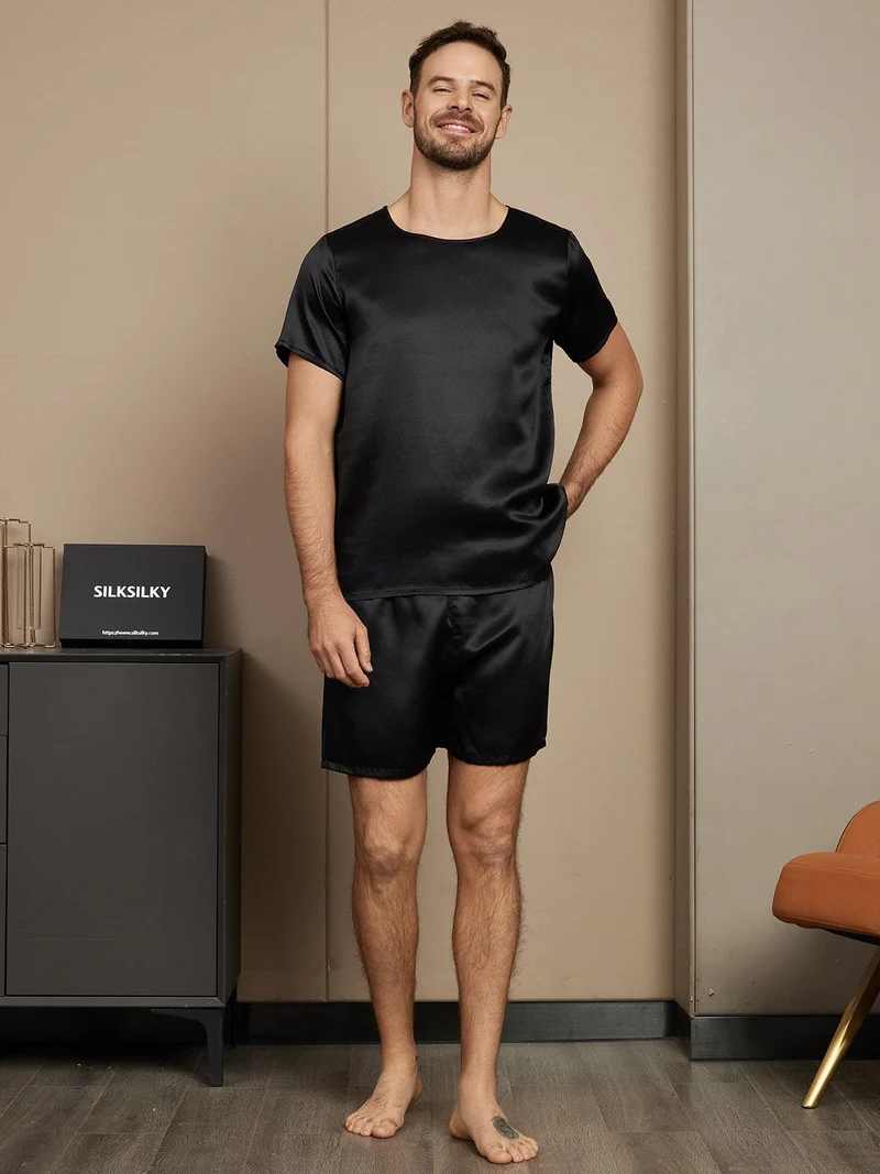 Reine Seide Herren-Kurzarm-Pyjama-Set mit Rundhalsausschnitt und Shorts