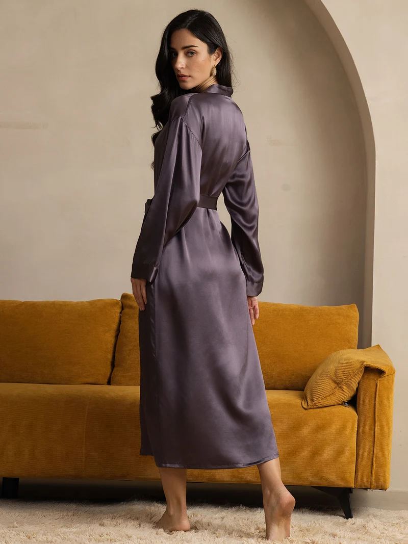 100% Maulbeerseide Damen-Midi-Morgenmantel mit langen Ärmeln