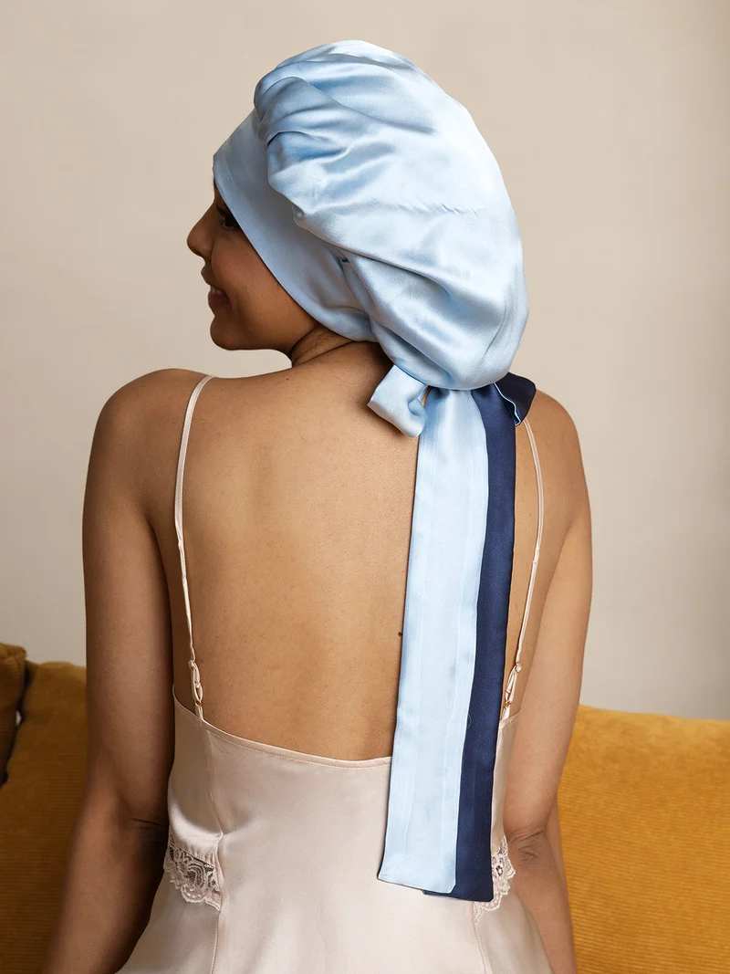 100% Maulbeerseide lässige zweifarbige wendbare Damen-Schlafhaube mit langen Bändern