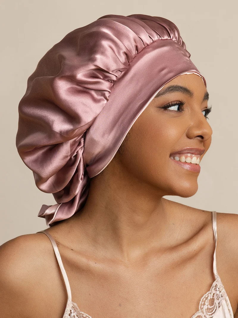 100% Maulbeerseide lässige zweifarbige wendbare Damen-Schlafhaube mit langen Bändern