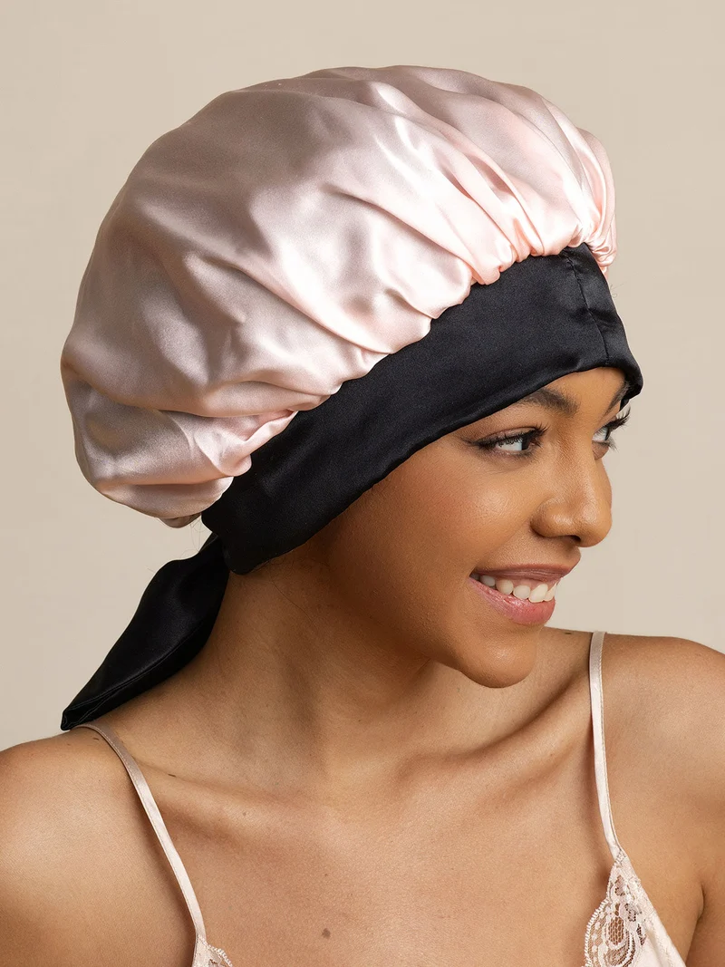 100% Maulbeerseide lässige zweifarbige wendbare Damen-Schlafhaube mit langen Bändern