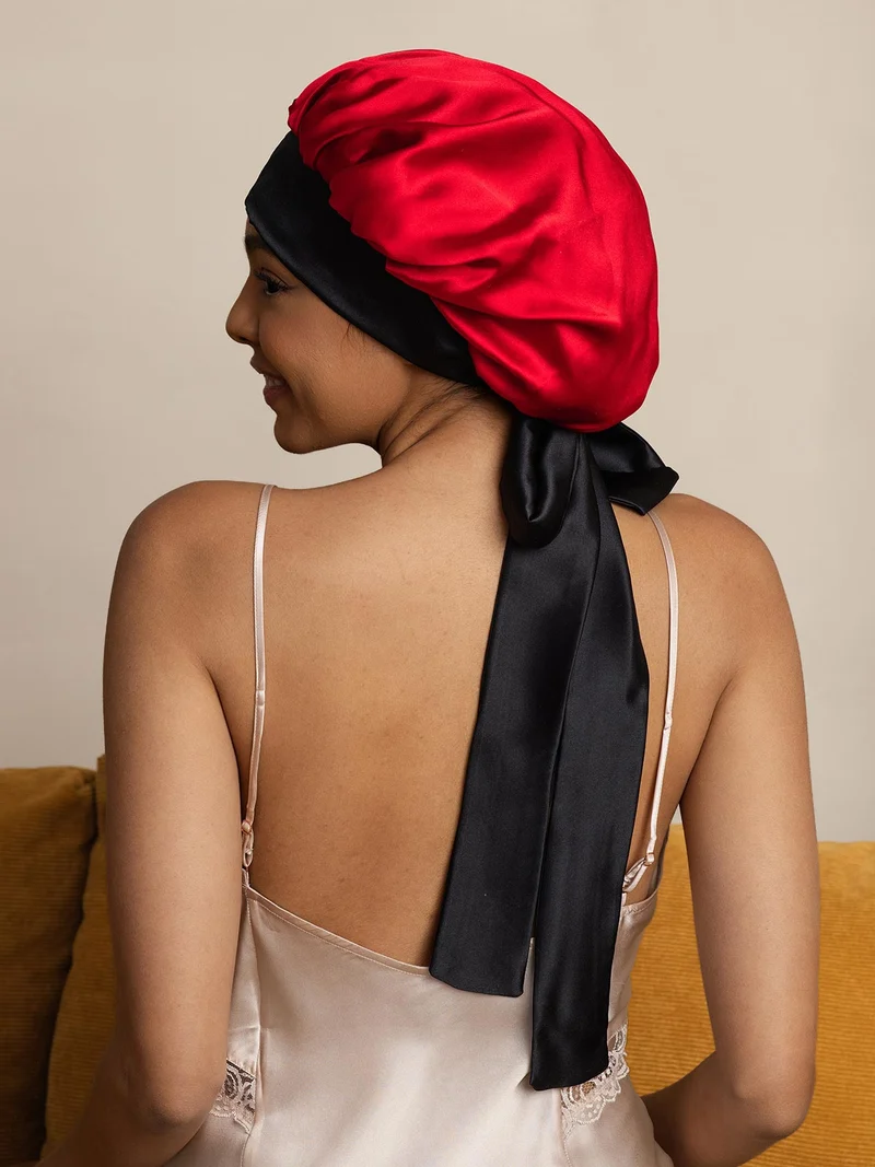 100% Maulbeerseide lässige zweifarbige wendbare Damen-Schlafhaube mit langen Bändern