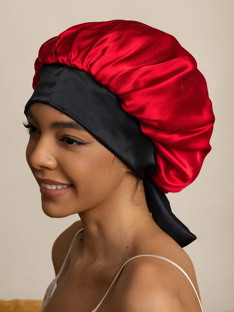 100% Maulbeerseide lässige zweifarbige wendbare Damen-Schlafhaube mit langen Bändern