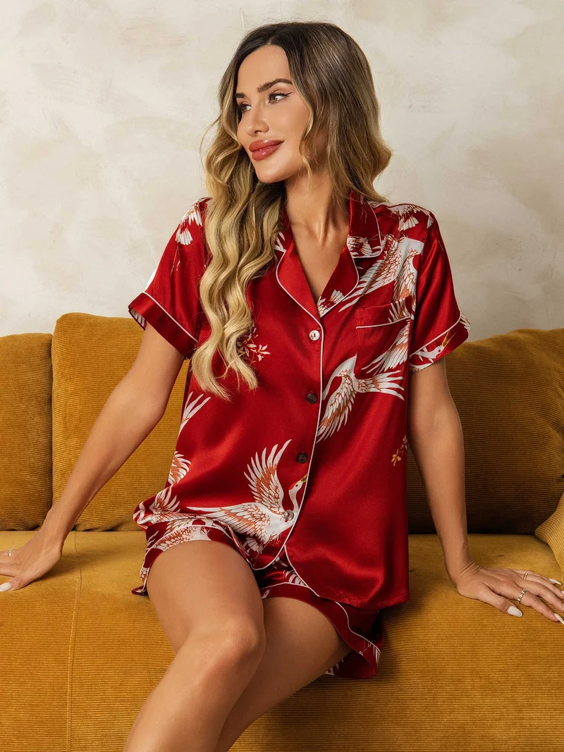 19 Momme 100% Maulbeerseide Damen-Pyjama-Set mit Kranichmuster und kurzen Ärmeln