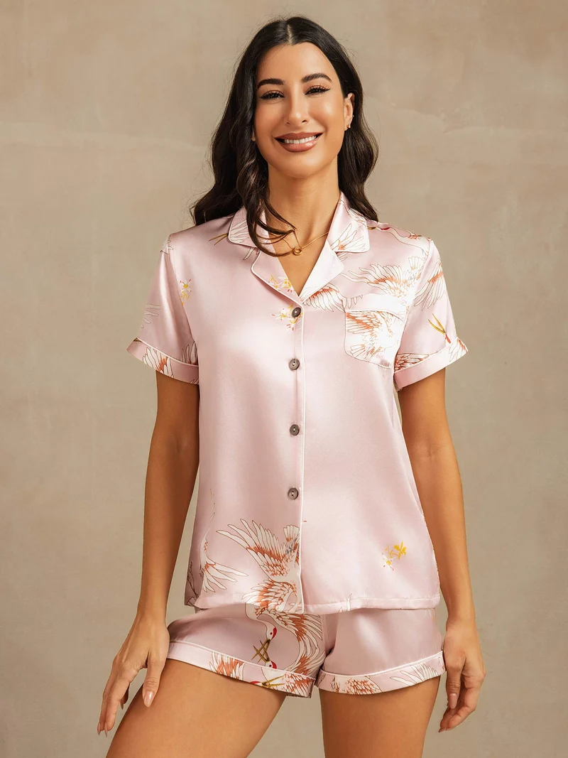 19 Momme 100% Maulbeerseide Damen-Pyjama-Set mit Kranichmuster und kurzen Ärmeln