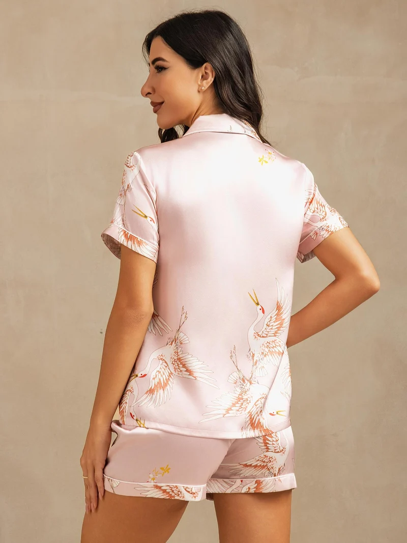 19 Momme 100% Maulbeerseide Damen-Pyjama-Set mit Kranichmuster und kurzen Ärmeln