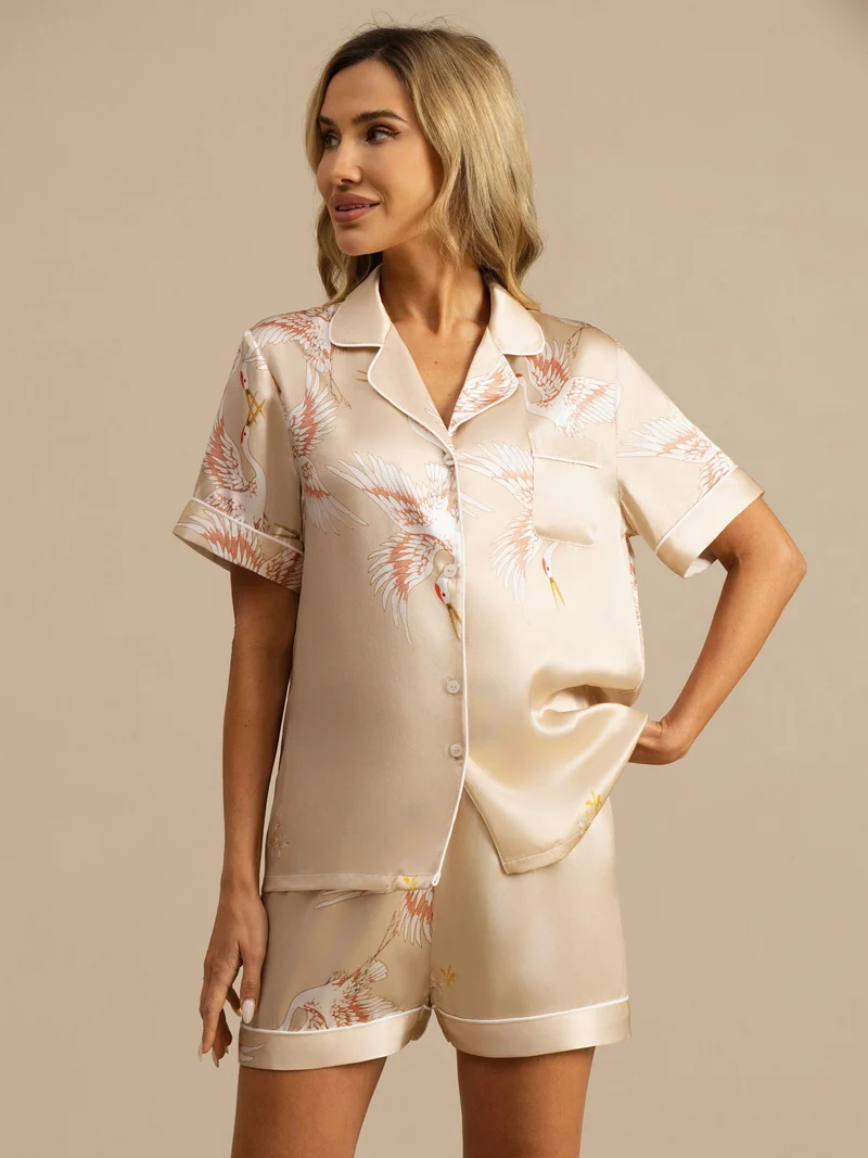 19 Momme 100% Maulbeerseide Damen-Pyjama-Set mit Kranichmuster und kurzen Ärmeln