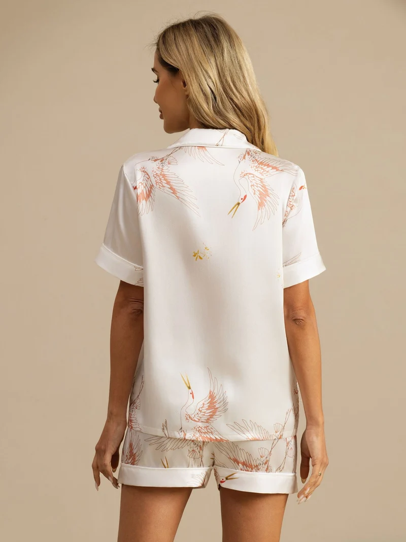 19 Momme 100% Maulbeerseide Damen-Pyjama-Set mit Kranichmuster und kurzen Ärmeln