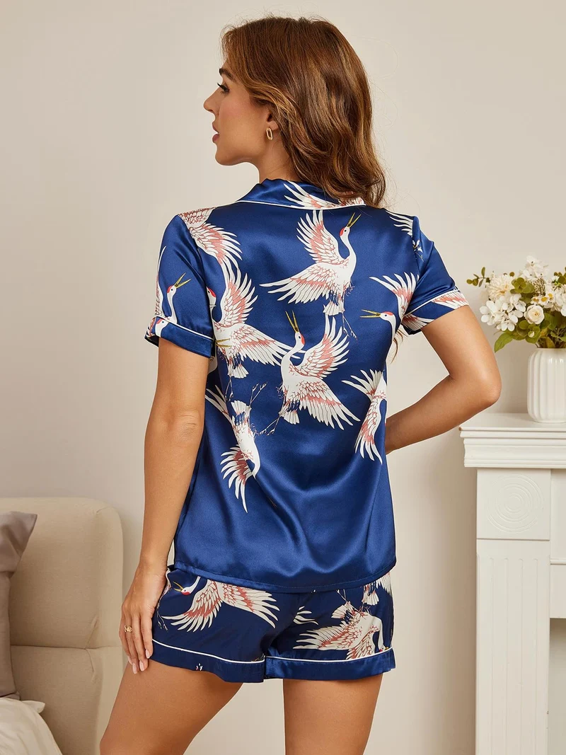 19 Momme 100% Maulbeerseide Damen-Kurzarm-Pyjama-Set mit Kranichmuster und Reverskragen