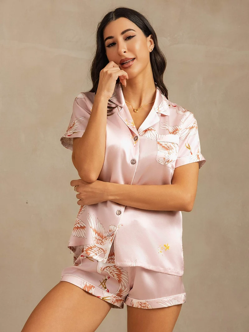 19 Momme 100% Maulbeerseide Damen-Kurzarm-Pyjama-Set mit Kranichmuster und Reverskragen