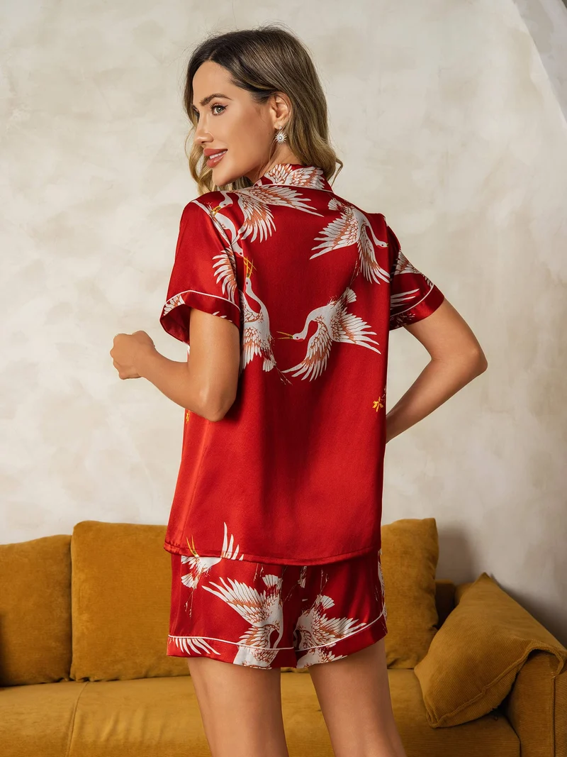 19 Momme 100% Maulbeerseide Damen-Kurzarm-Pyjama-Set mit Kranichmuster und Reverskragen