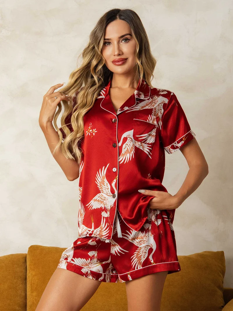 19 Momme 100% Maulbeerseide Damen-Kurzarm-Pyjama-Set mit Kranichmuster und Reverskragen