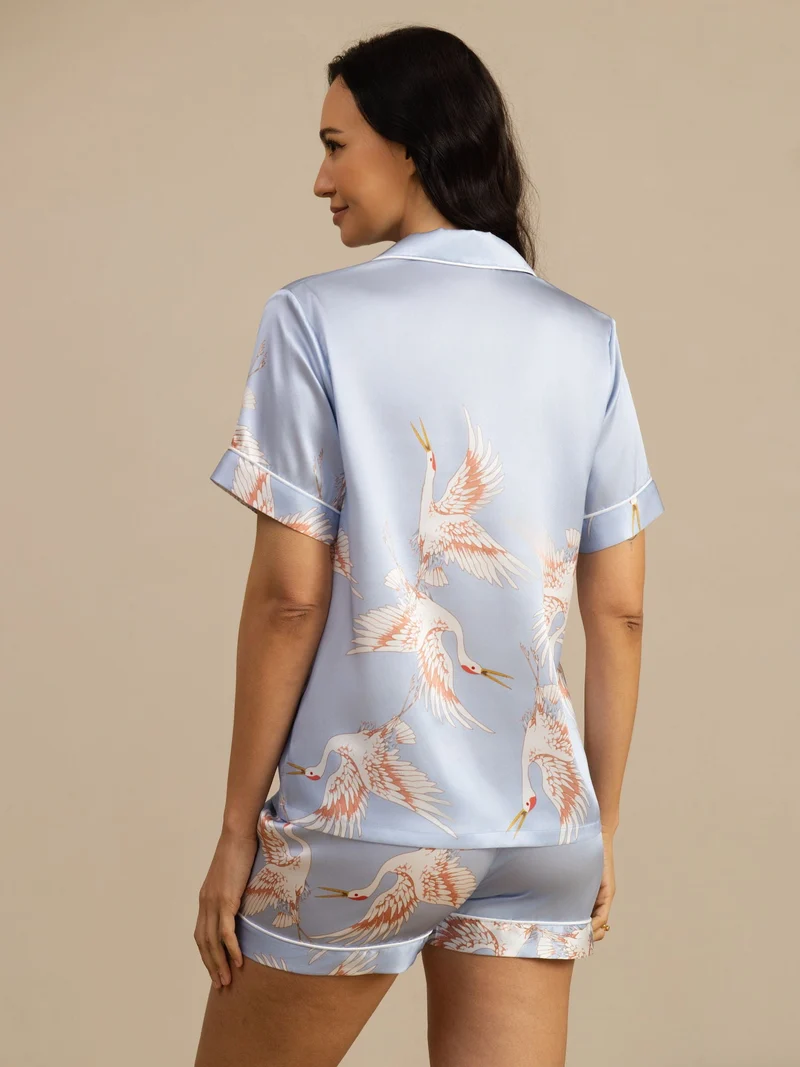 19 Momme 100% Maulbeerseide Damen-Kurzarm-Pyjama-Set mit Kranichmuster und Reverskragen